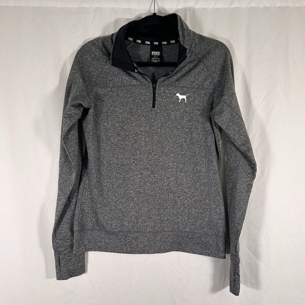 VS Pink Sweater Women's Medium Grey Heathered 1/4 Zip Pullover Mock Neck